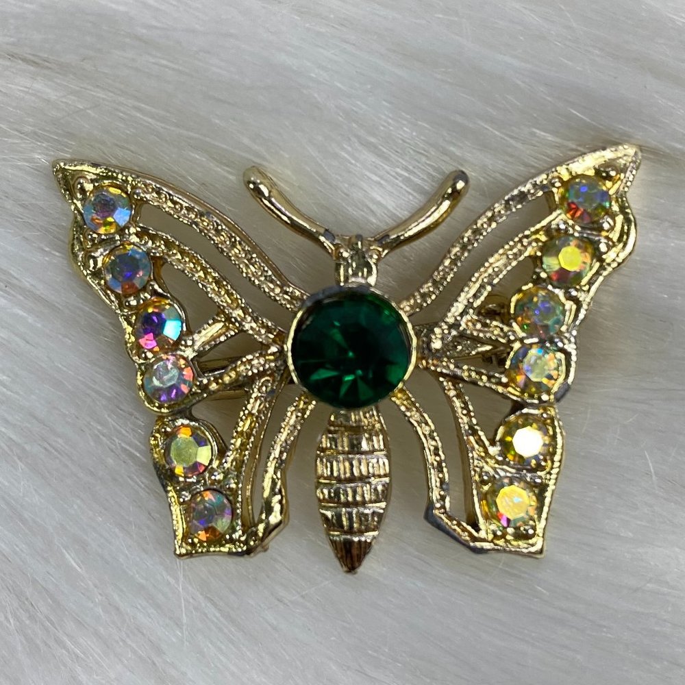 Vintage Rhinestone Green & Aurora Borealis Gold Tone Butterfly Brooch - Picture 1 of 5